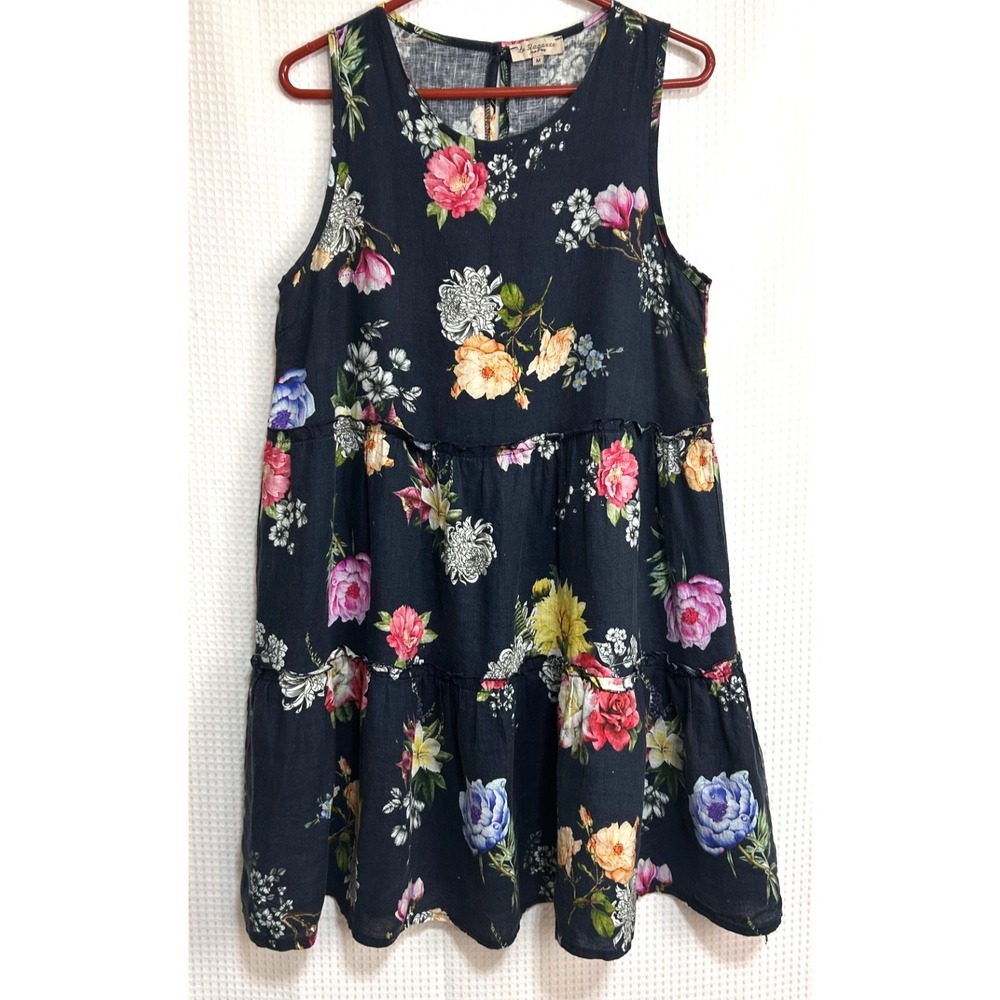Le Ragazze Italy 100% Linen Dress Women size M Floral Tiered Flowy Artsy Boho d
